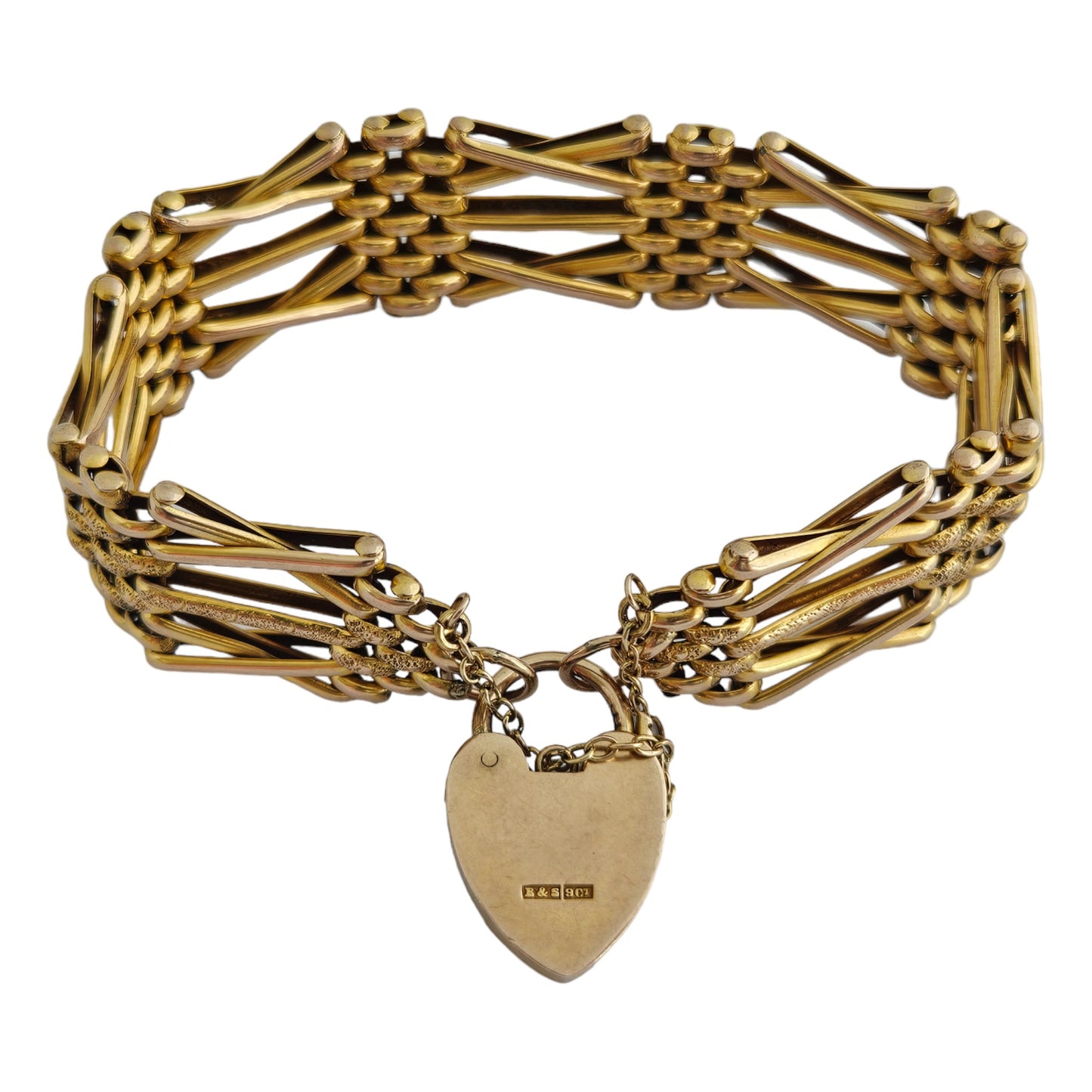 Antique 9ct Rose Gold Fancy Gate Bracelet c.1900 with Padlock Clasp 22.0 g.