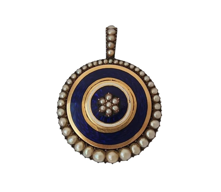 Early 19th Century Gold & Enamel Mourning Locket Pendant Set With Pearls