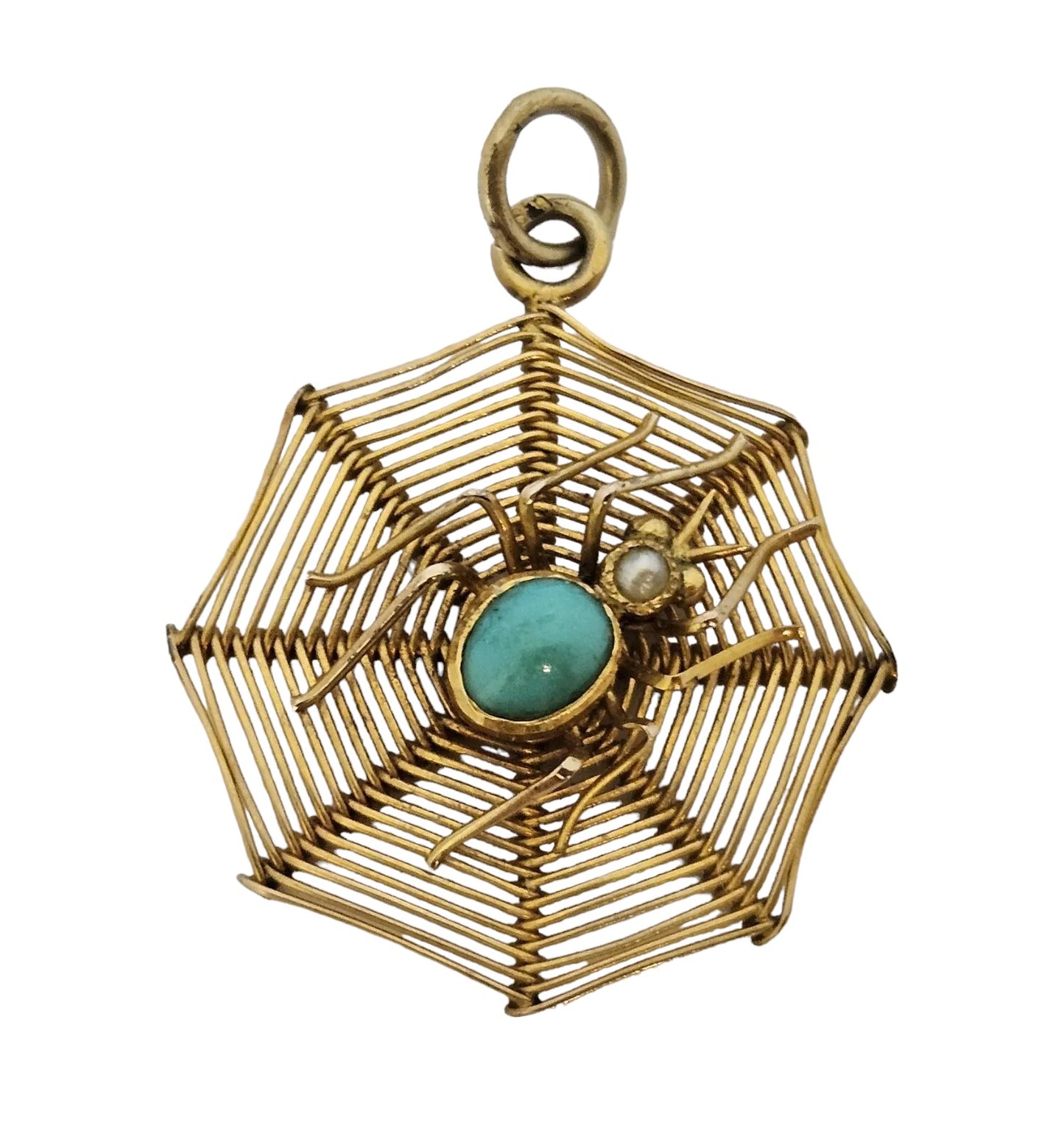 Antique 9ct Yellow Gold "Spider on a Cobweb" Charm c.1900 with Turquoise & Pearl