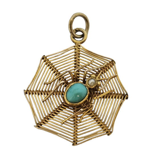 Antique 9ct Yellow Gold "Spider on a Cobweb" Charm c.1900 with Turquoise & Pearl