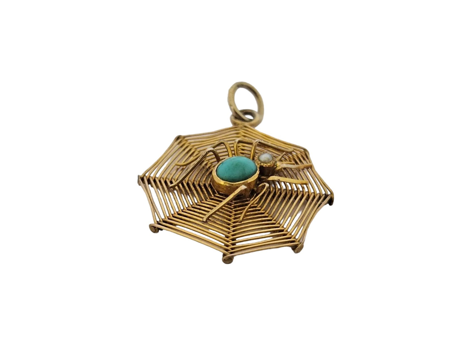 Antique 9ct Yellow Gold "Spider on a Cobweb" Charm c.1900 with Turquoise & Pearl