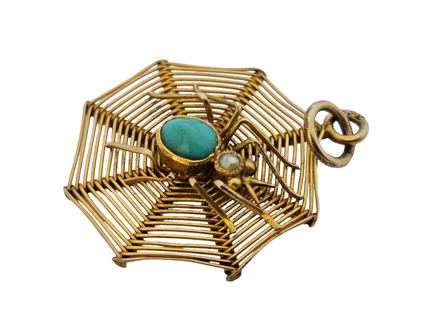 Antique 9ct Yellow Gold "Spider on a Cobweb" Charm c.1900 with Turquoise & Pearl
