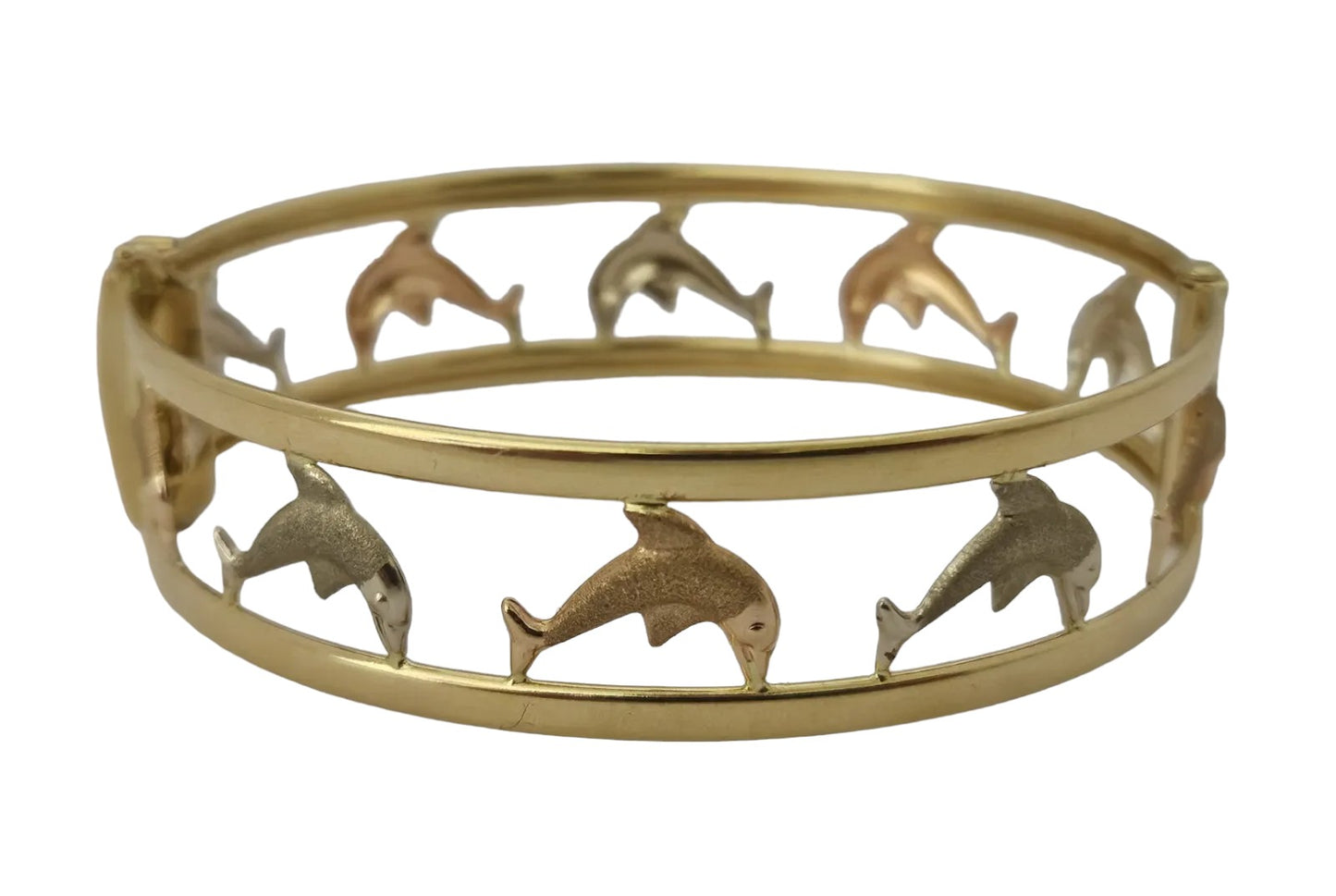 18ct 750 Tri-Colour Gold Hinged Bangle with Dolphins L 6.5 x 5.6 cm 16.8 g
