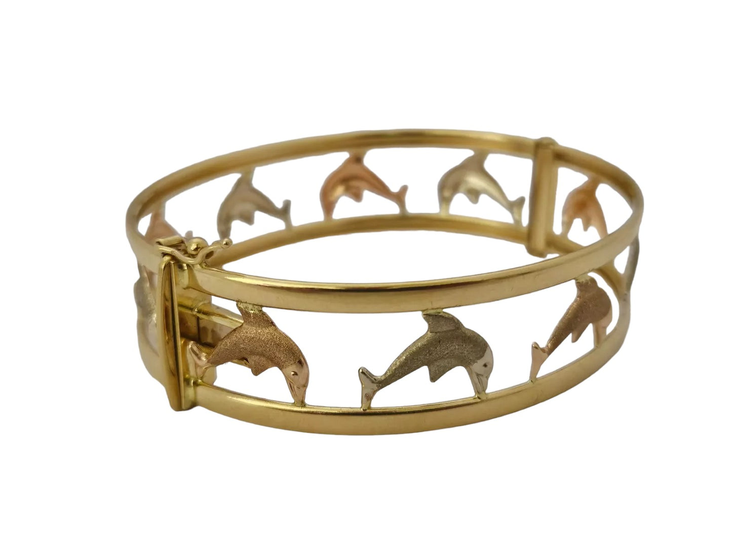 18ct 750 Tri-Colour Gold Hinged Bangle with Dolphins L 6.5 x 5.6 cm 16.8 g