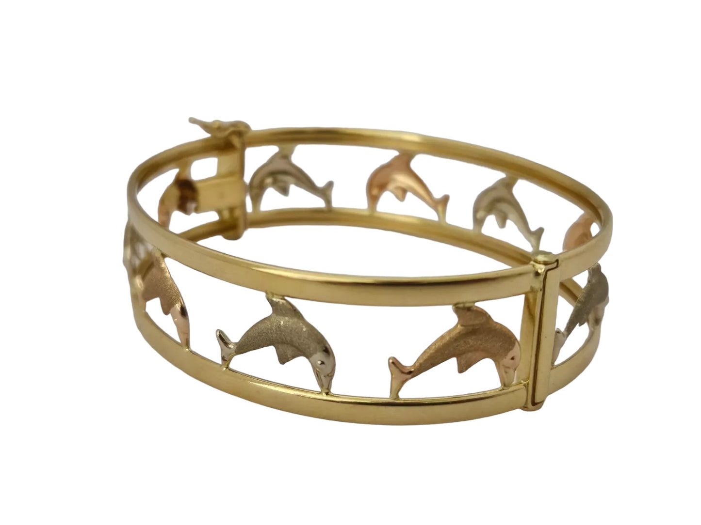 18ct 750 Tri-Colour Gold Hinged Bangle with Dolphins L 6.5 x 5.6 cm 16.8 g