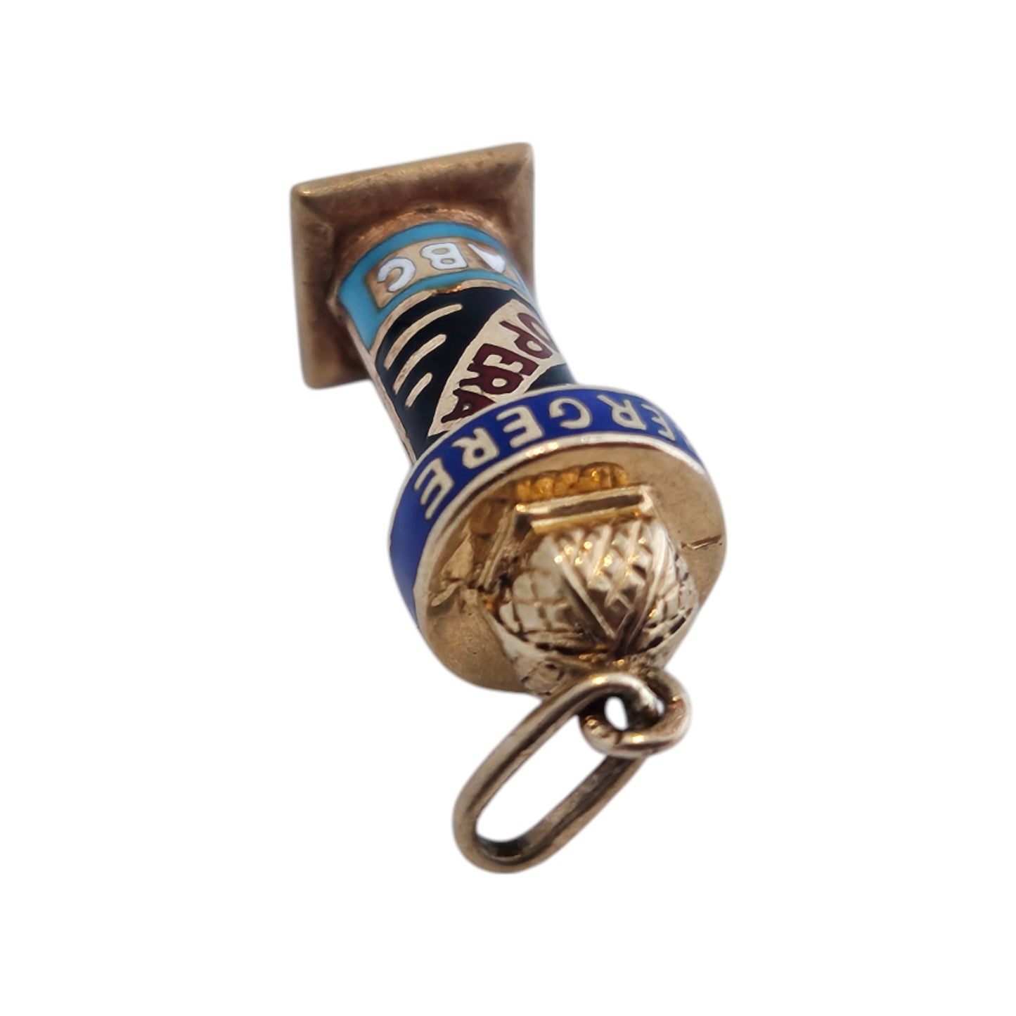 French 18ct 750 Yellow Gold & Enamel News Kiosk Charm L 1.8 cm 1.4 g.