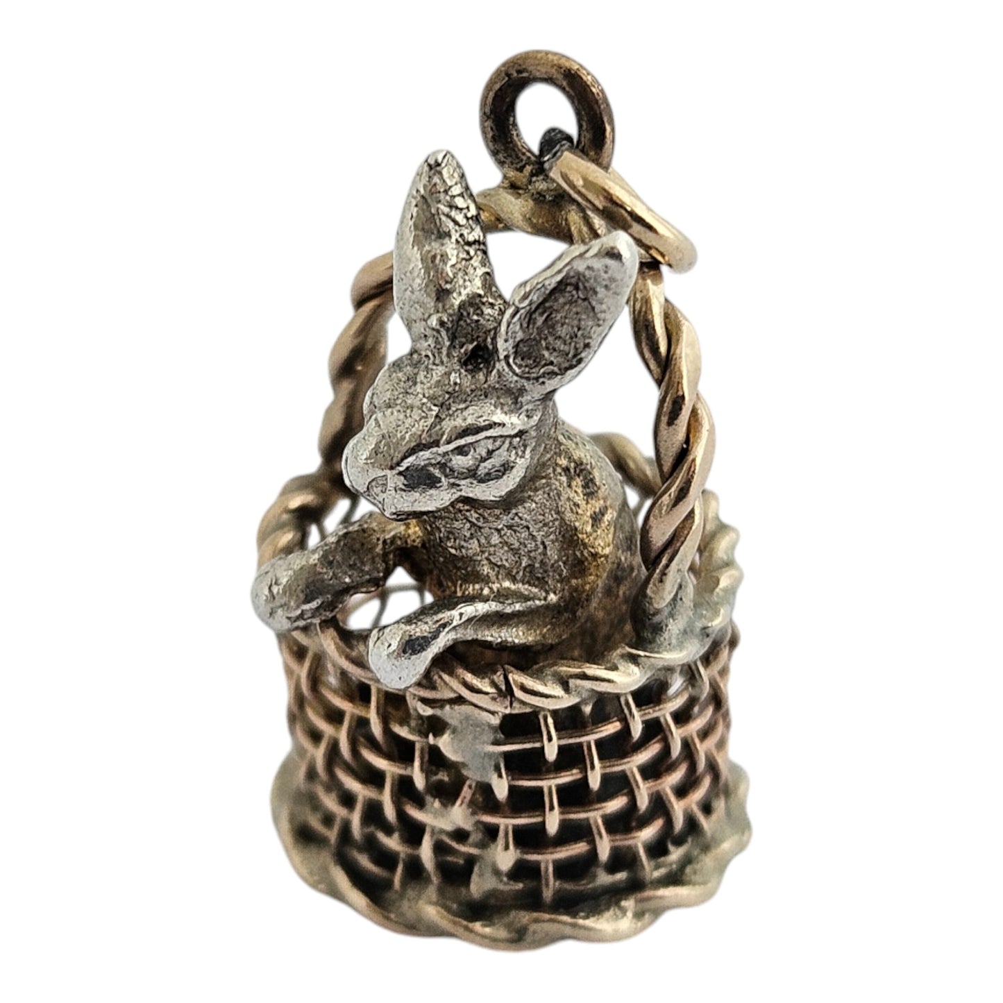 Novelty Victorian 9ct & Silver Rabbit in a Basket Charm c.1890's L 1.8 cm 3.9 g