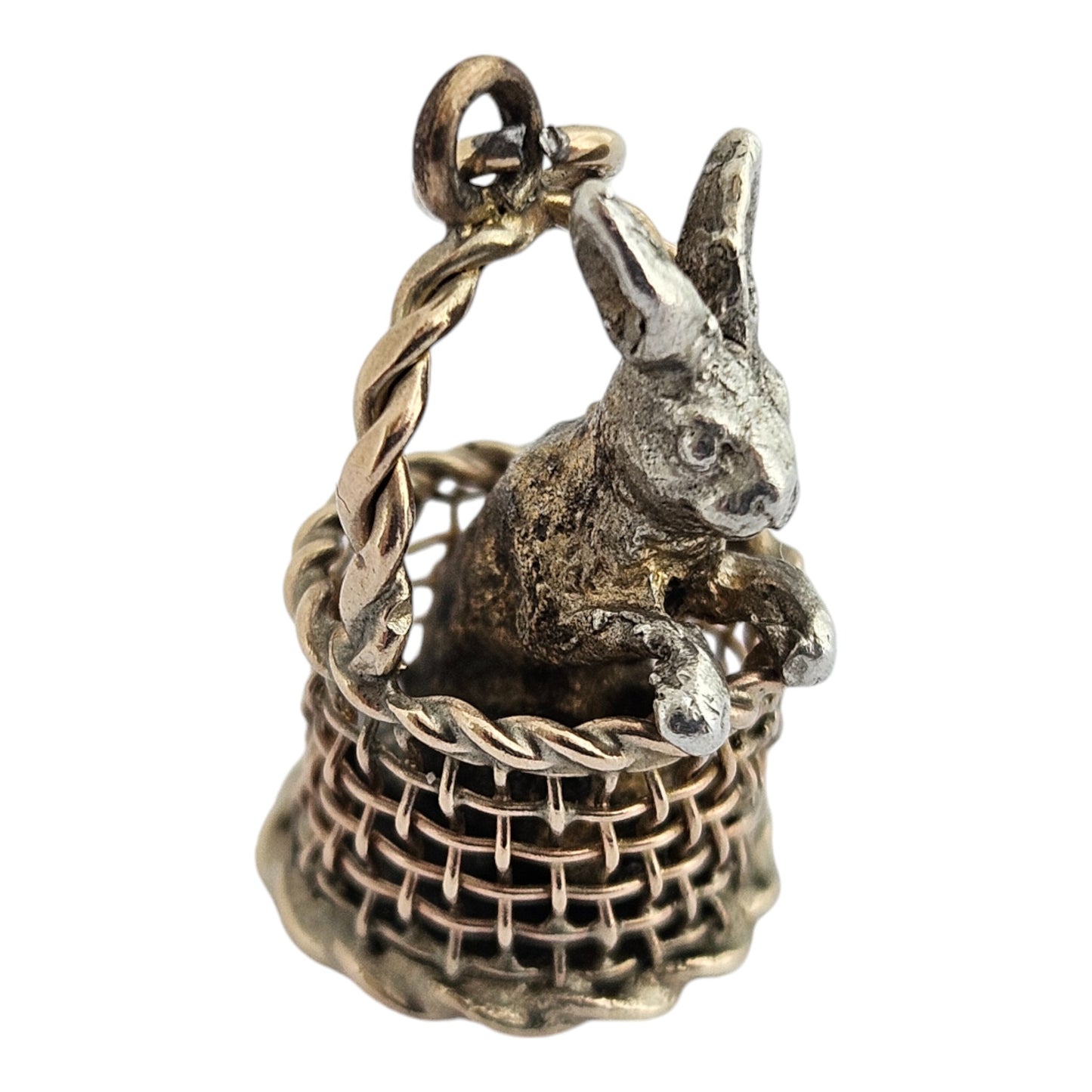 Novelty Victorian 9ct & Silver Rabbit in a Basket Charm c.1890's L 1.8 cm 3.9 g