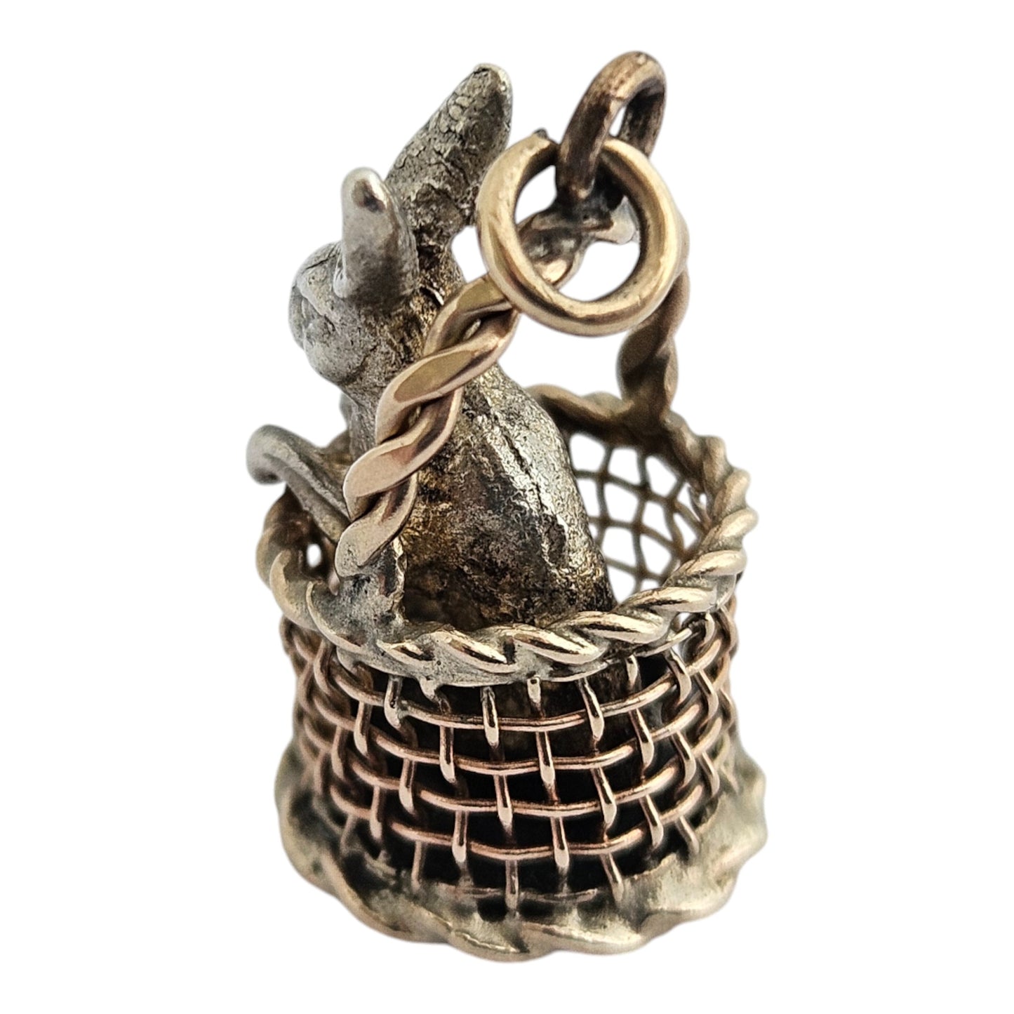 Novelty Victorian 9ct & Silver Rabbit in a Basket Charm c.1890's L 1.8 cm 3.9 g