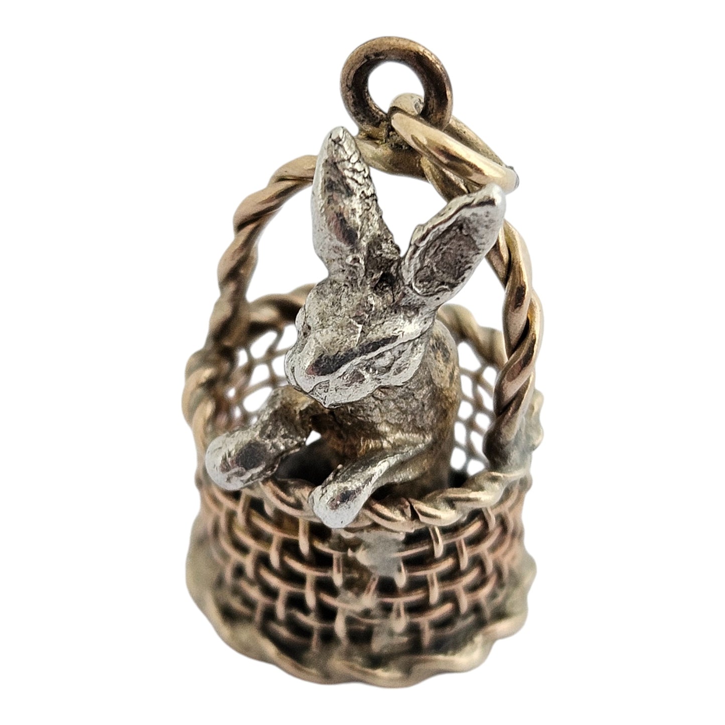 Novelty Victorian 9ct & Silver Rabbit in a Basket Charm c.1890's L 1.8 cm 3.9 g