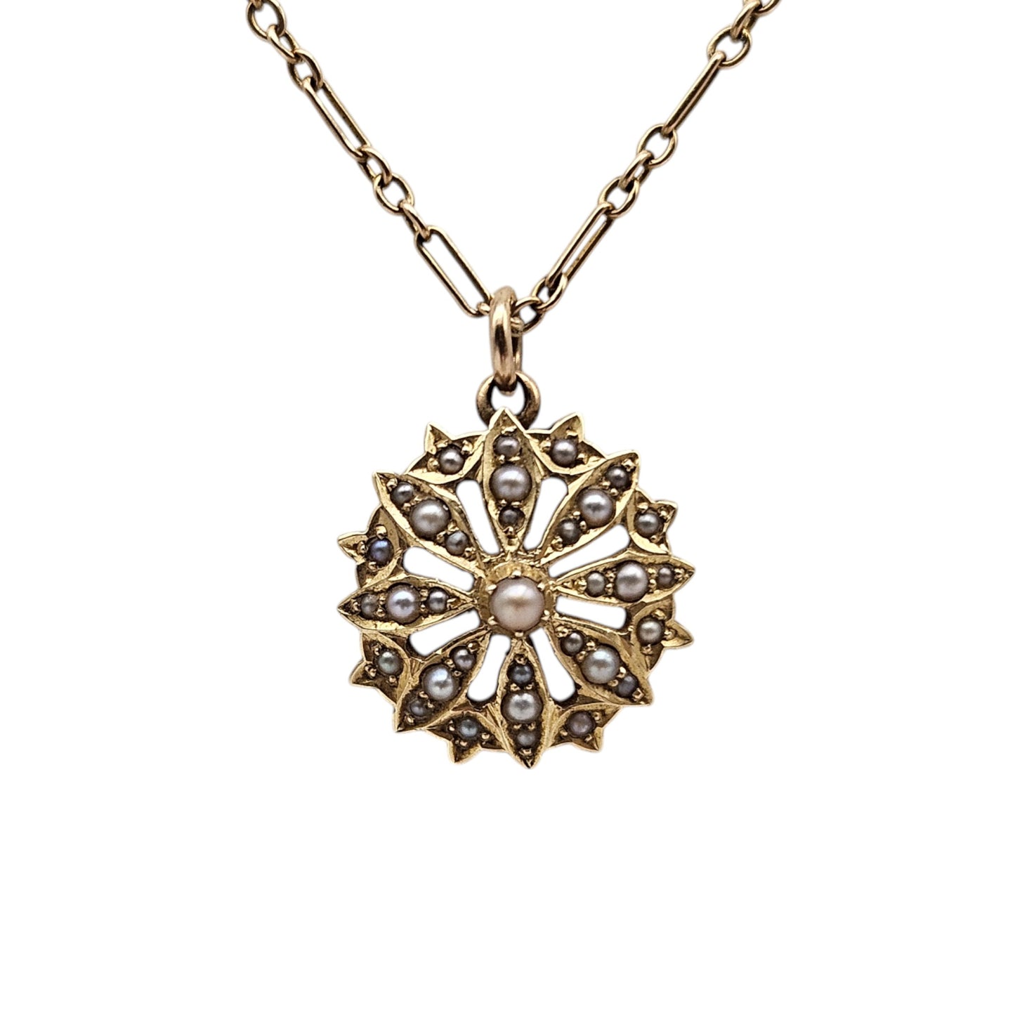 Antique 15ct Yellow Gold Pearl Pendant On 15ct Chain c.1900, 5.0 g.