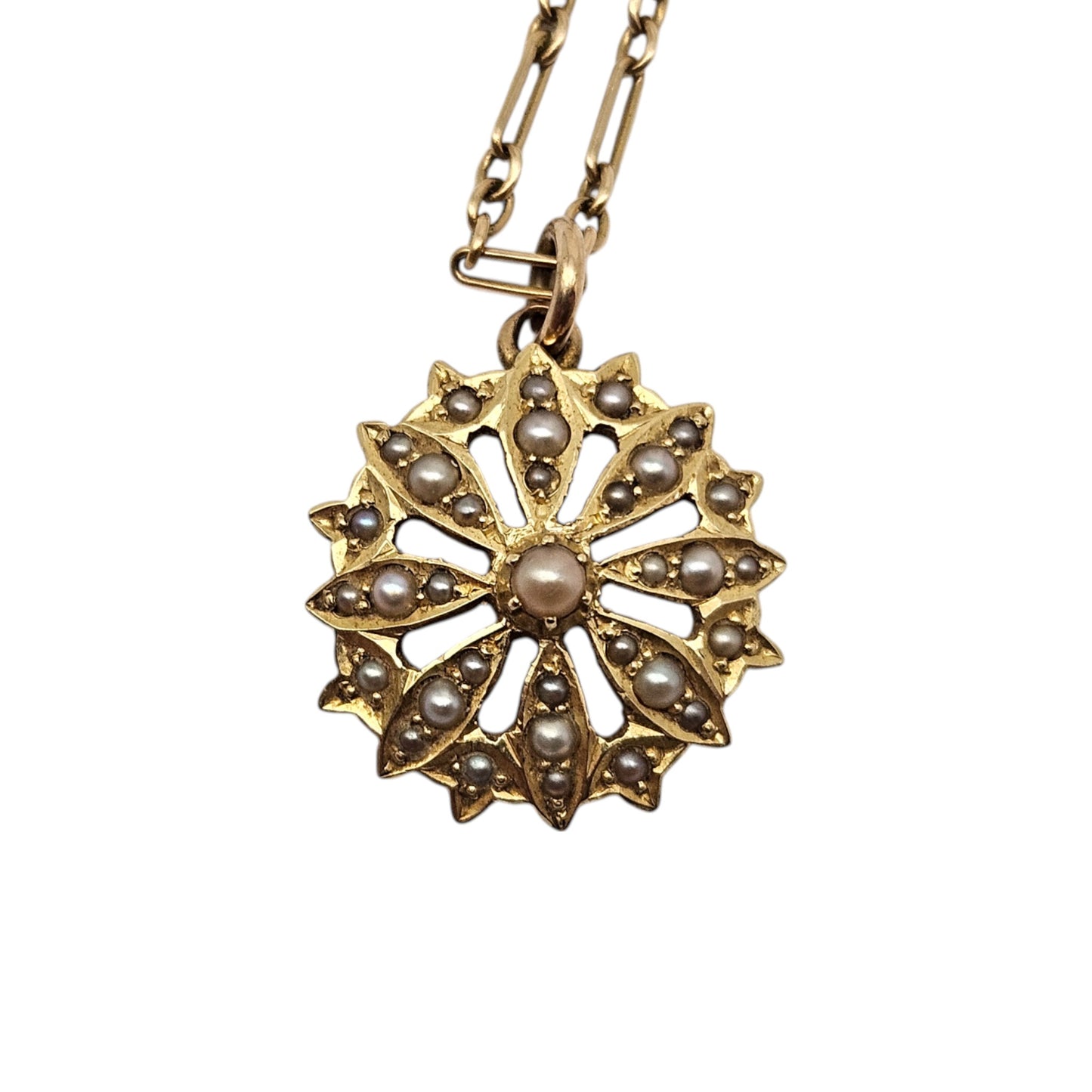 Antique 15ct Yellow Gold Pearl Pendant On 15ct Chain c.1900, 5.0 g.