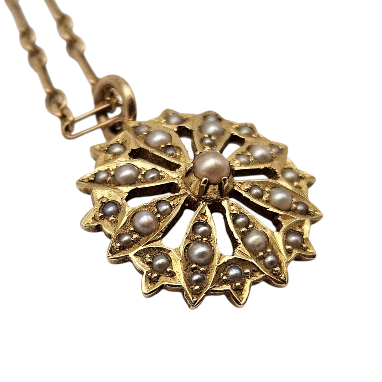 Antique 15ct Yellow Gold Pearl Pendant On 15ct Chain c.1900, 5.0 g.
