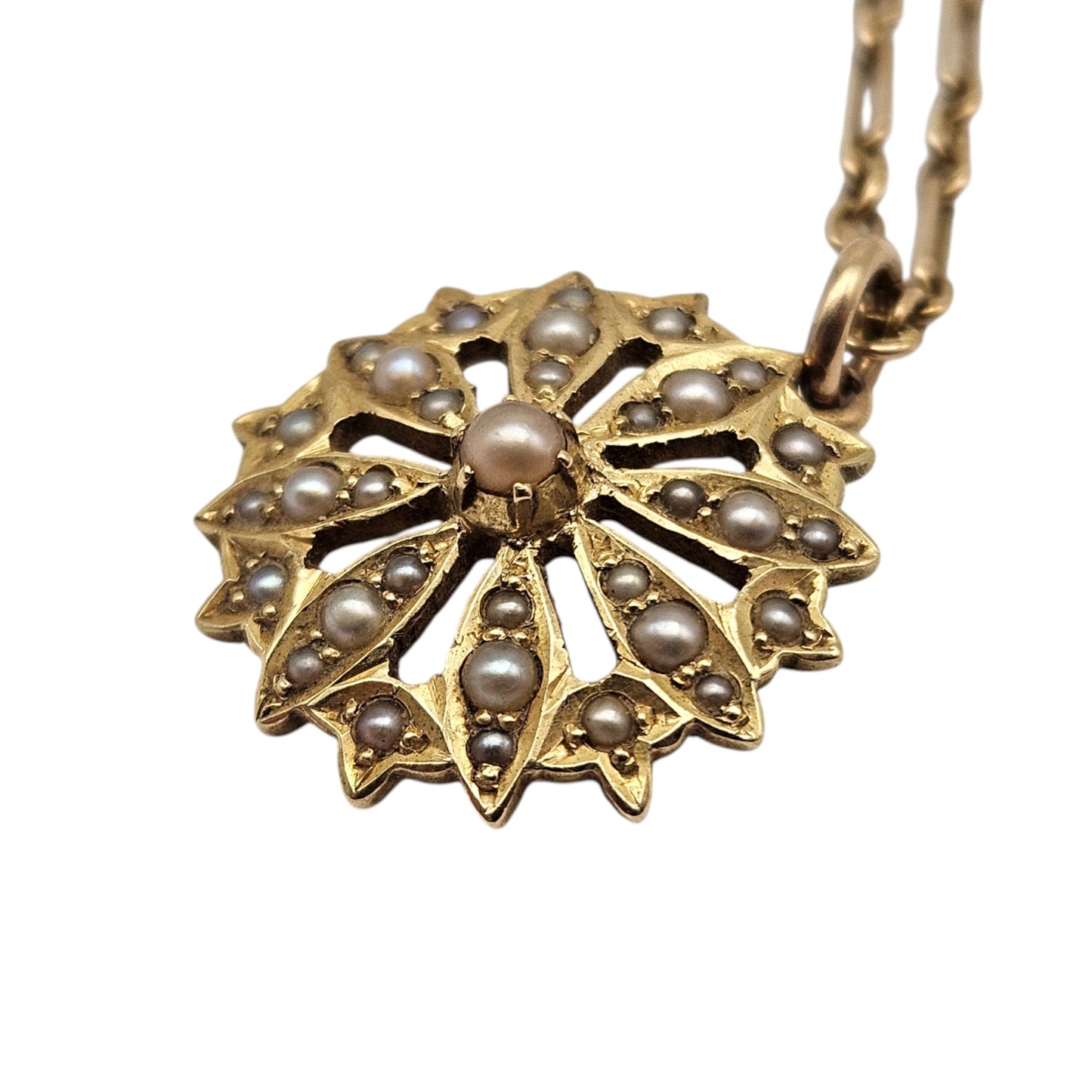 Antique 15ct Yellow Gold Pearl Pendant On 15ct Chain c.1900, 5.0 g.