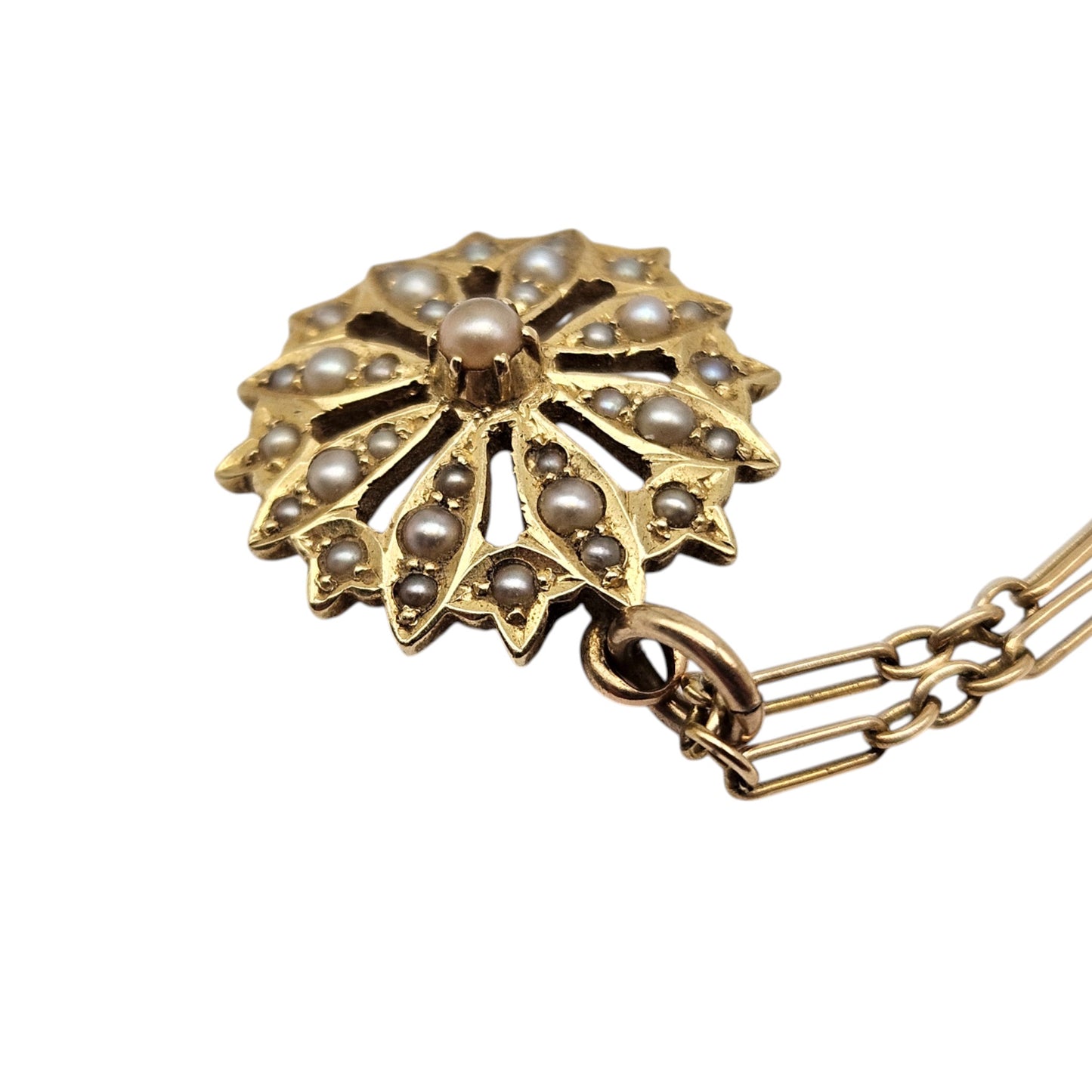 Antique 15ct Yellow Gold Pearl Pendant On 15ct Chain c.1900, 5.0 g.