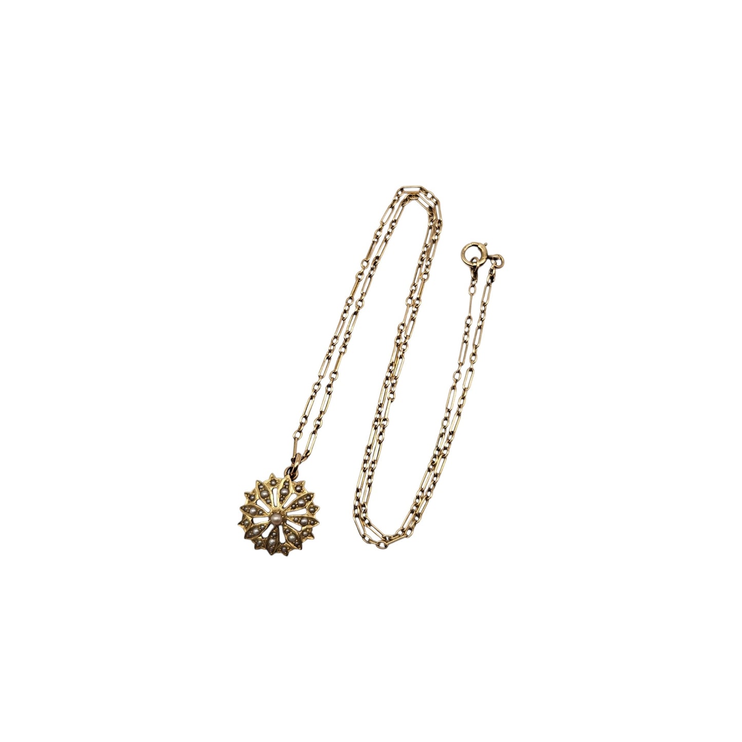 Antique 15ct Yellow Gold Pearl Pendant On 15ct Chain c.1900, 5.0 g.