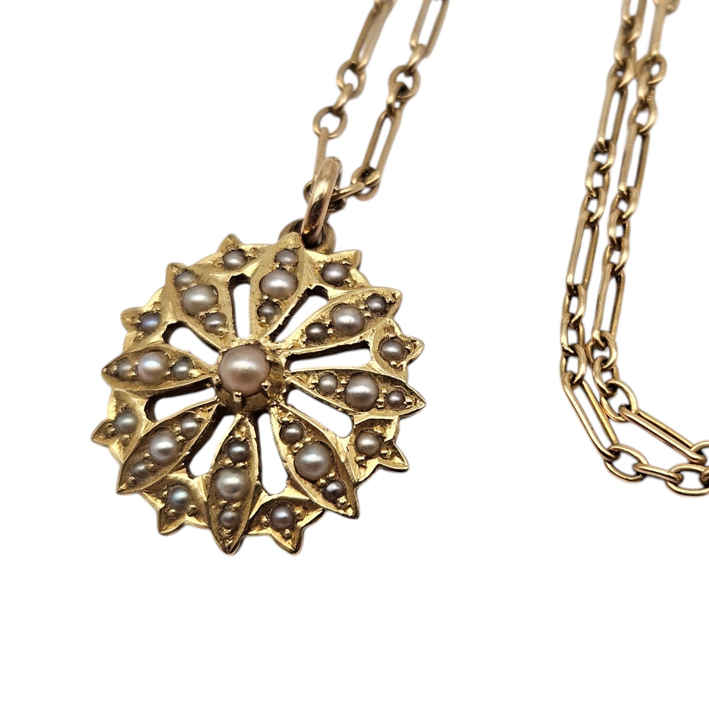 Antique 15ct Yellow Gold Pearl Pendant On 15ct Chain c.1900, 5.0 g.