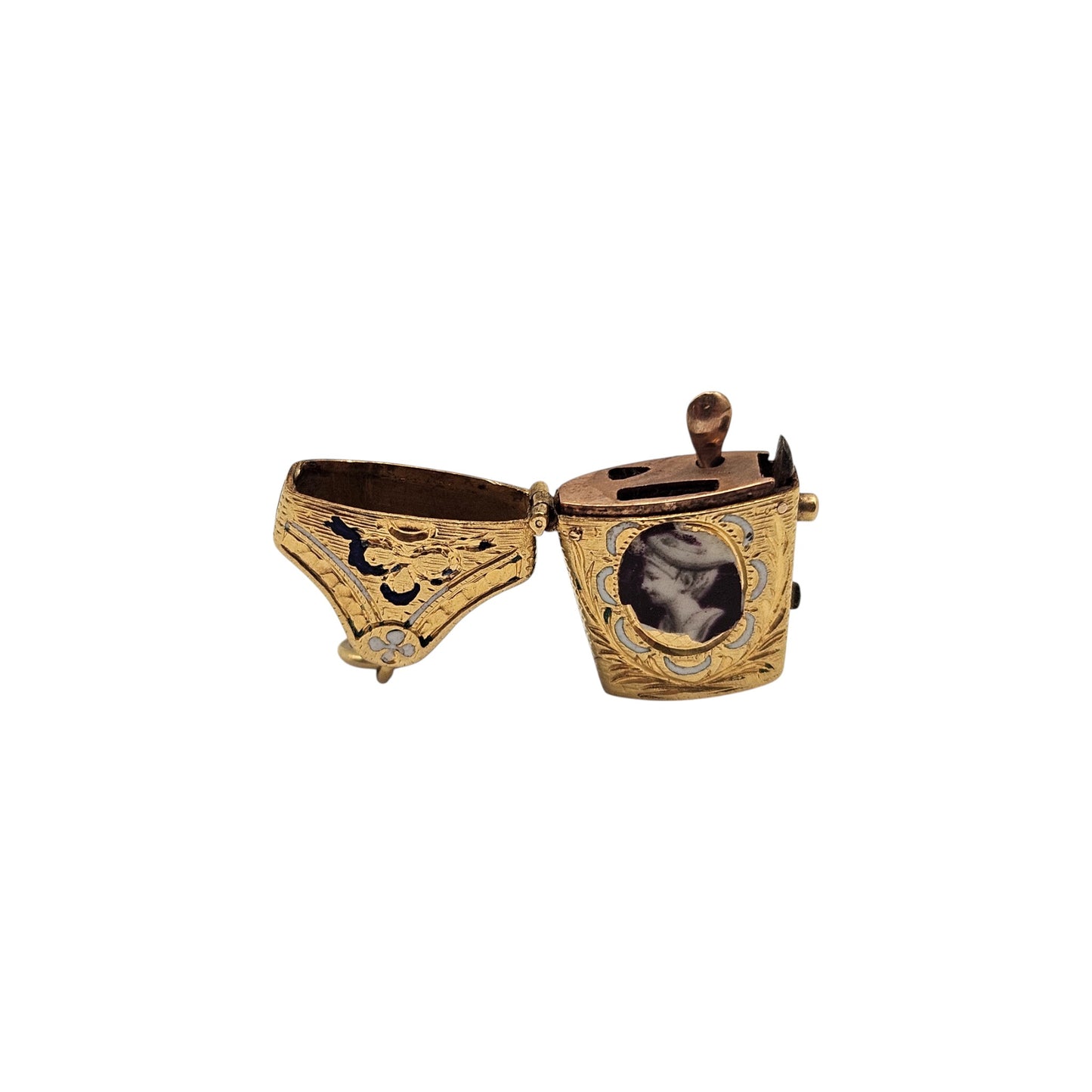 Antique French 22ct Yellow Gold & Enamel Etui Opening Charm L 1.9 cm 3.9 g.