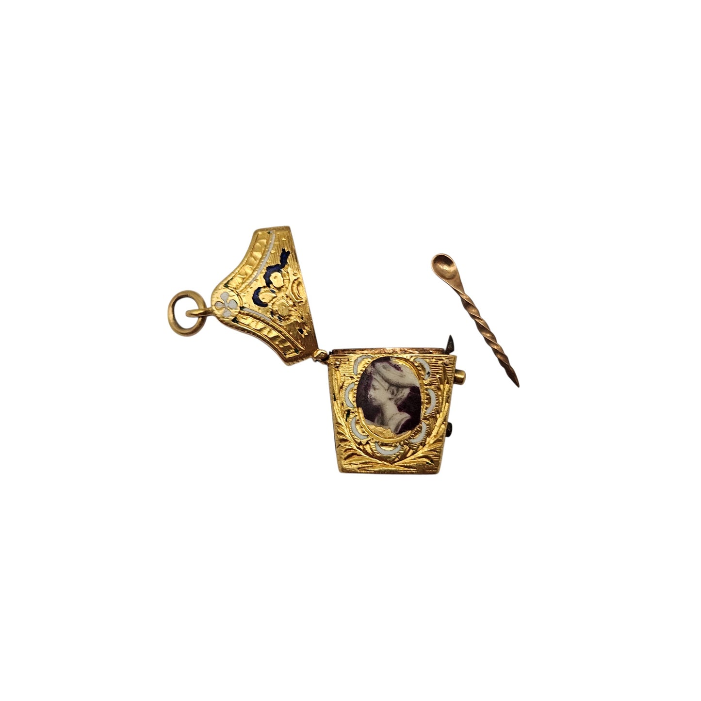 Antique French 22ct Yellow Gold & Enamel Etui Opening Charm L 1.9 cm 3.9 g.