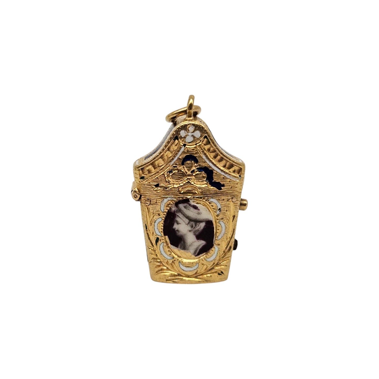 Antique French 22ct Yellow Gold & Enamel Etui Opening Charm L 1.9 cm 3.9 g.