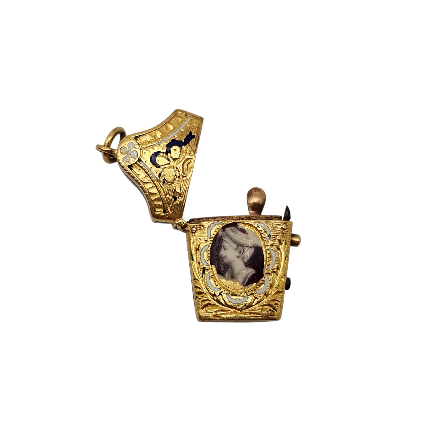 Antique French 22ct Yellow Gold & Enamel Etui Opening Charm L 1.9 cm 3.9 g.