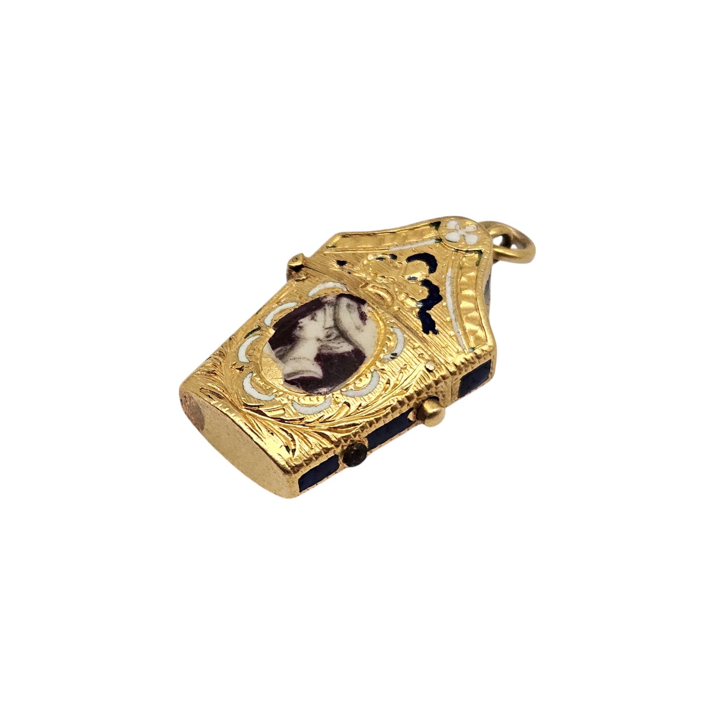 Antique French 22ct Yellow Gold & Enamel Etui Opening Charm L 1.9 cm 3.9 g.