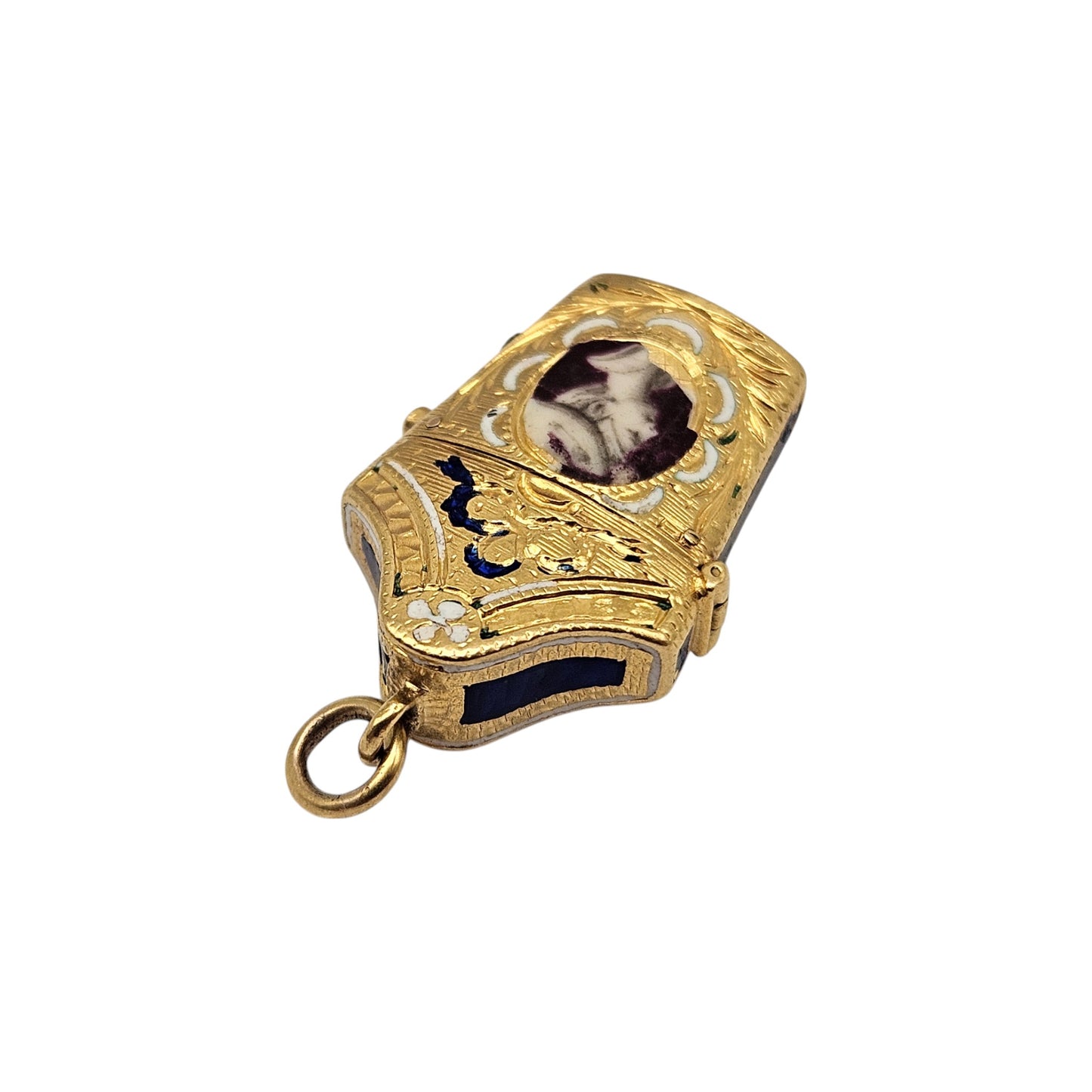 Antique French 22ct Yellow Gold & Enamel Etui Opening Charm L 1.9 cm 3.9 g.