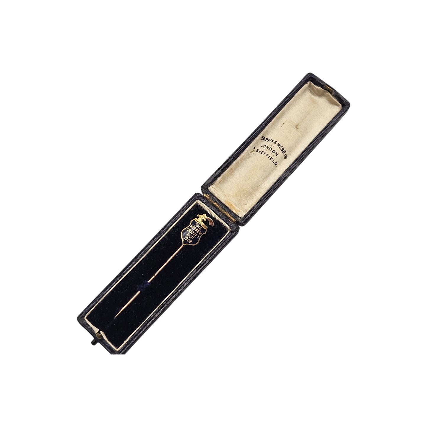 Edwardian 9ct Gold & Enamel Cricket Stick Pin 1908 In A Box By Mappin & Webb