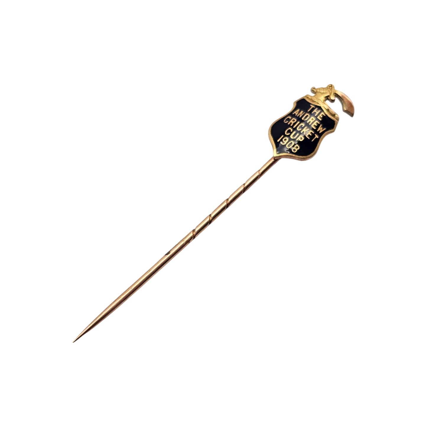 Edwardian 9ct Gold & Enamel Cricket Stick Pin 1908 In A Box By Mappin & Webb