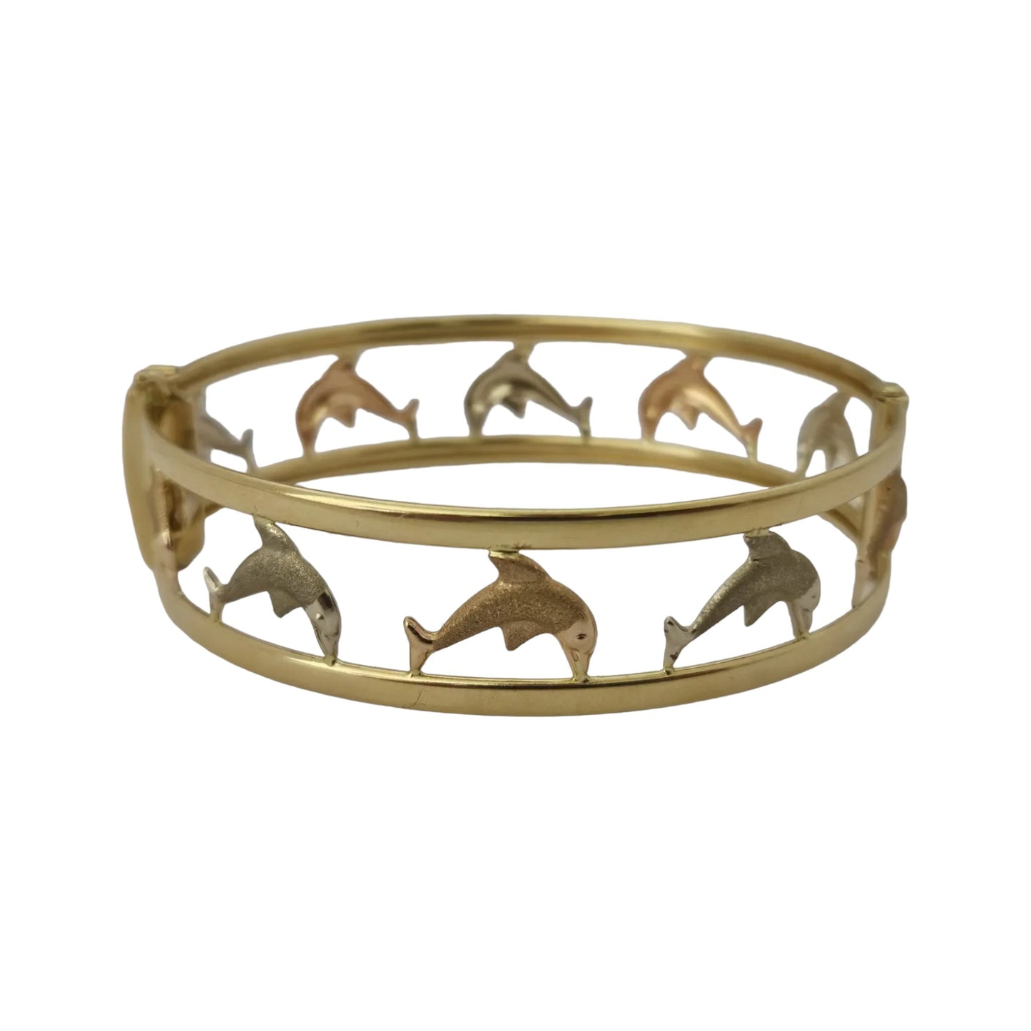 18ct 750 Tri-Colour Gold Hinged Bangle with Dolphins L 6.5 x 5.6 cm 16.8 g