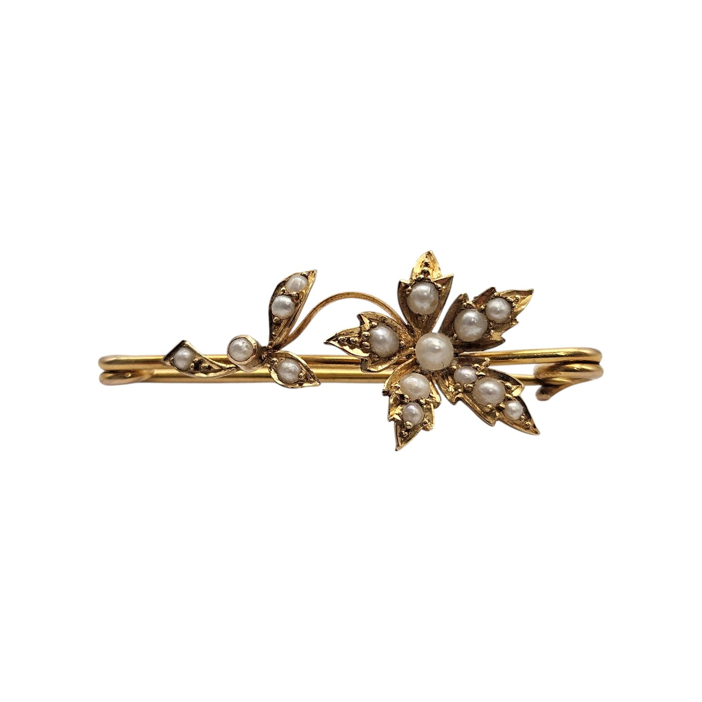 Victorian 15ct Yellow Gold Flower Brooch With Pearls L 3.5 cm 2.0 g.