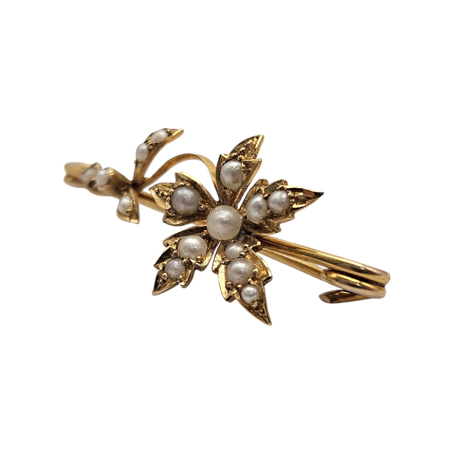 Victorian 15ct Yellow Gold Flower Brooch With Pearls L 3.5 cm 2.0 g.