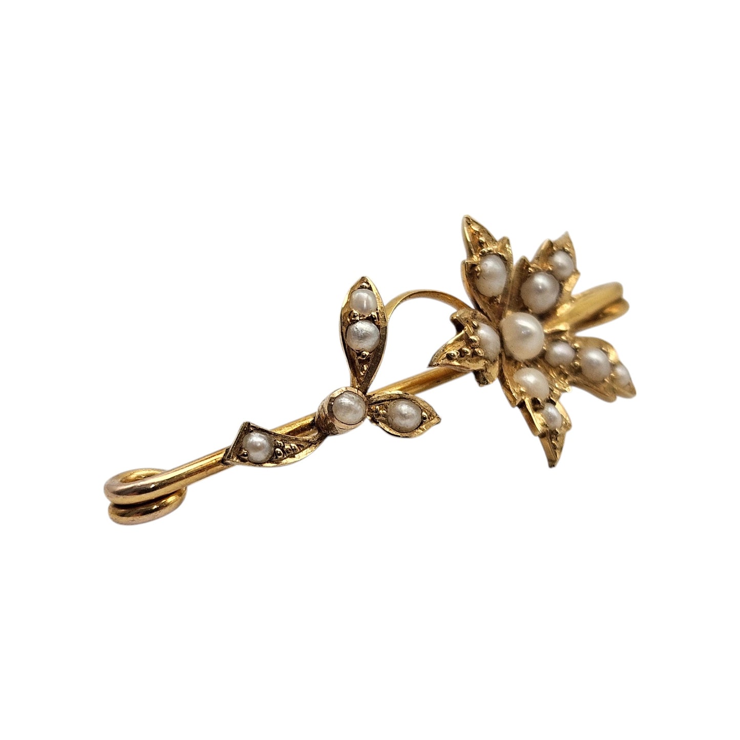 Victorian 15ct Yellow Gold Flower Brooch With Pearls L 3.5 cm 2.0 g.