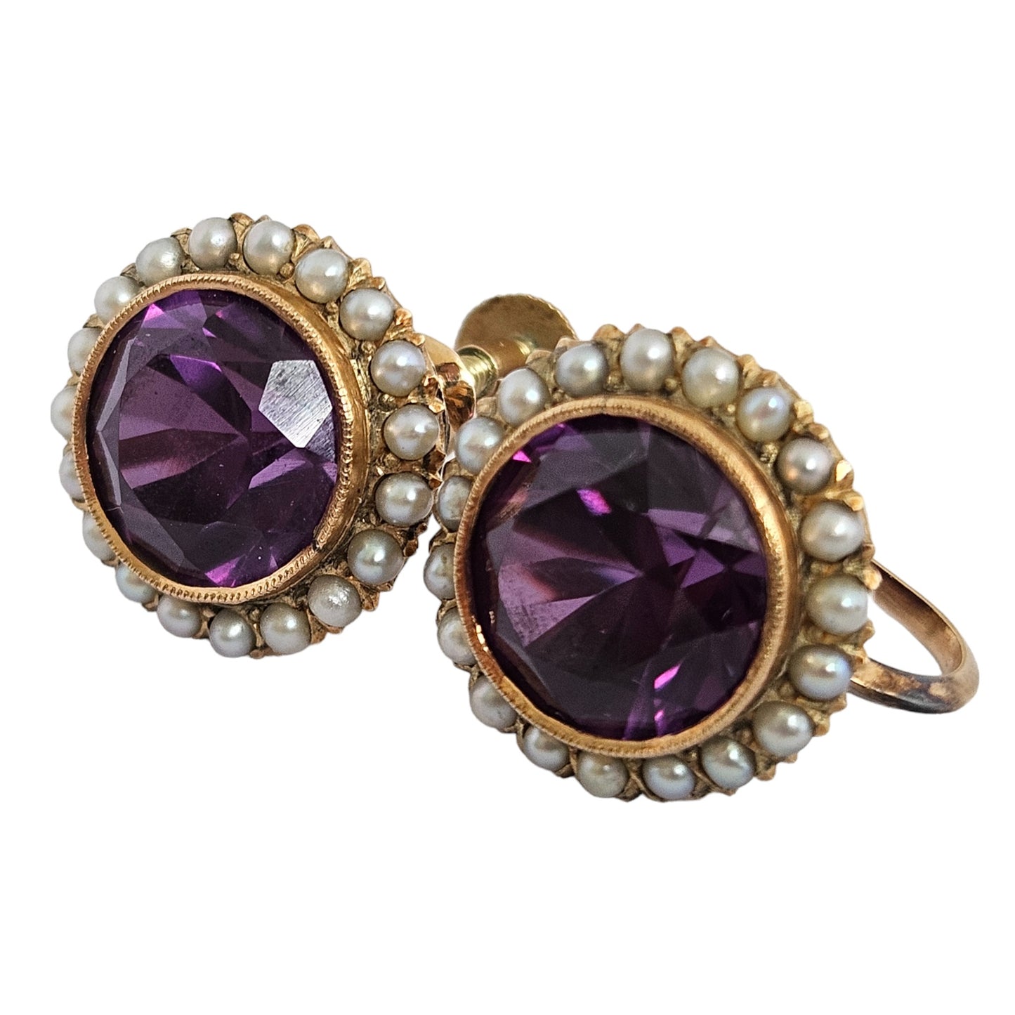 Pair of 14ct Yellow Gold Screw Back Earrings with Synthetic Alexandrites & Pearls 6.0 g
