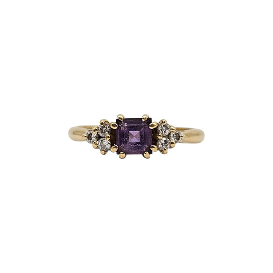 18ct 750 Yellow Gold Amethyst & Diamond Ring 1992 Size P 1/2, 3.2 g.