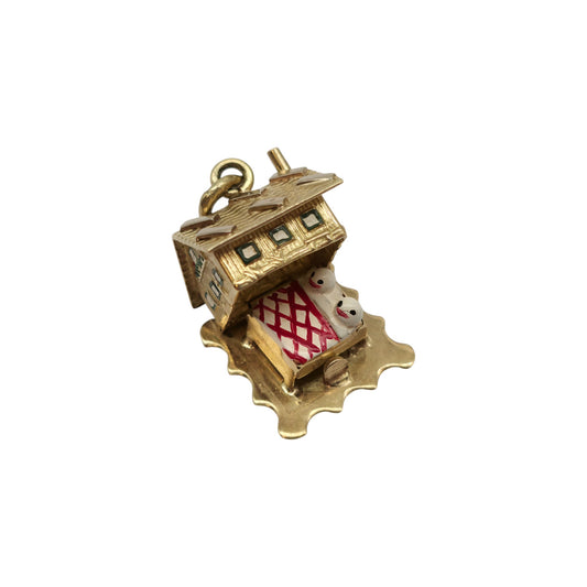 Heavy 18ct 750 Yellow Gold & Enamel Christmas Chalet Opening Charm L 1.3 cm 5.6 g.