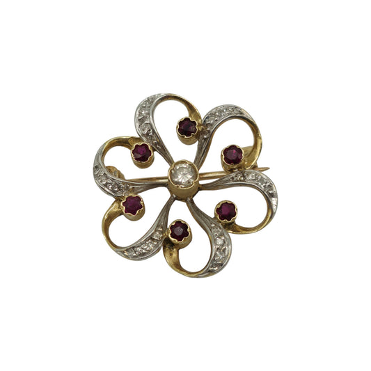 18ct 750 Yellow & White Gold Brooch with Diamonds & Ruby 1977 L 2.4 cm 5.3 g