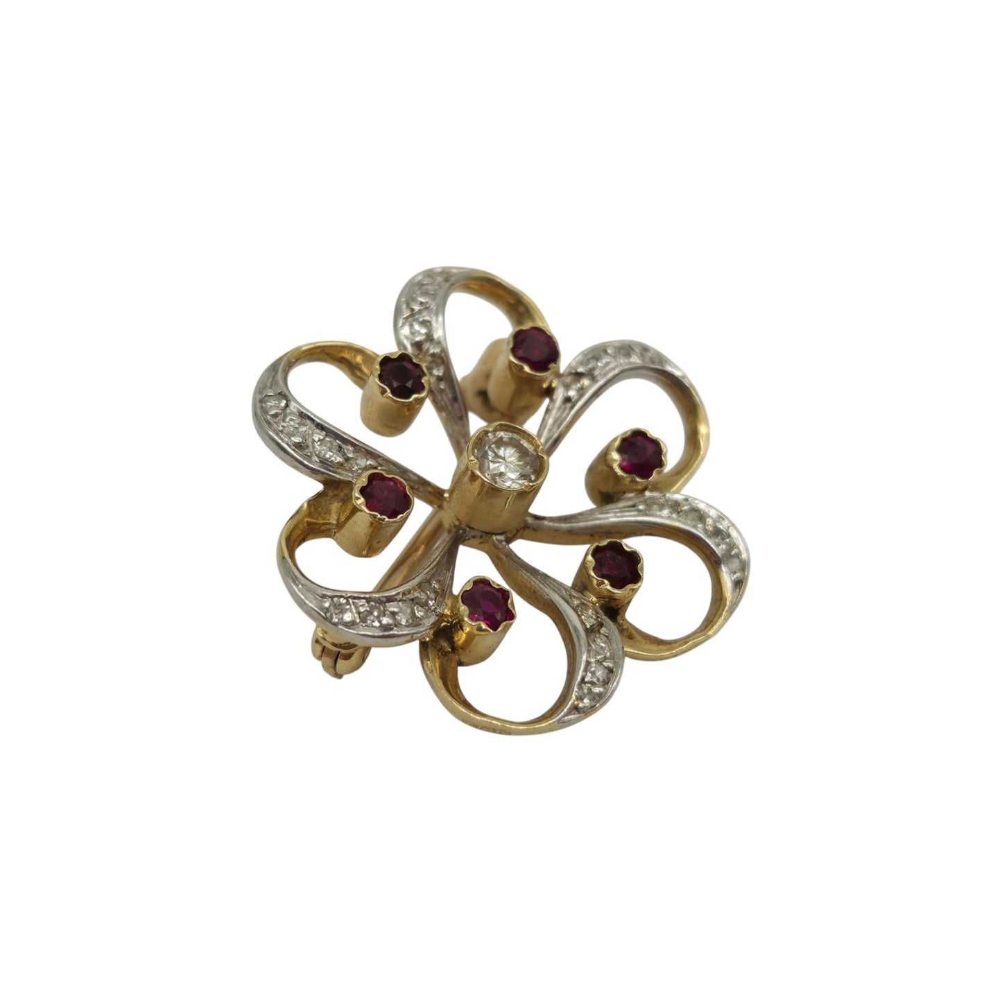 18ct 750 Yellow & White Gold Brooch with Diamonds & Ruby 1977 L 2.4 cm 5.3 g
