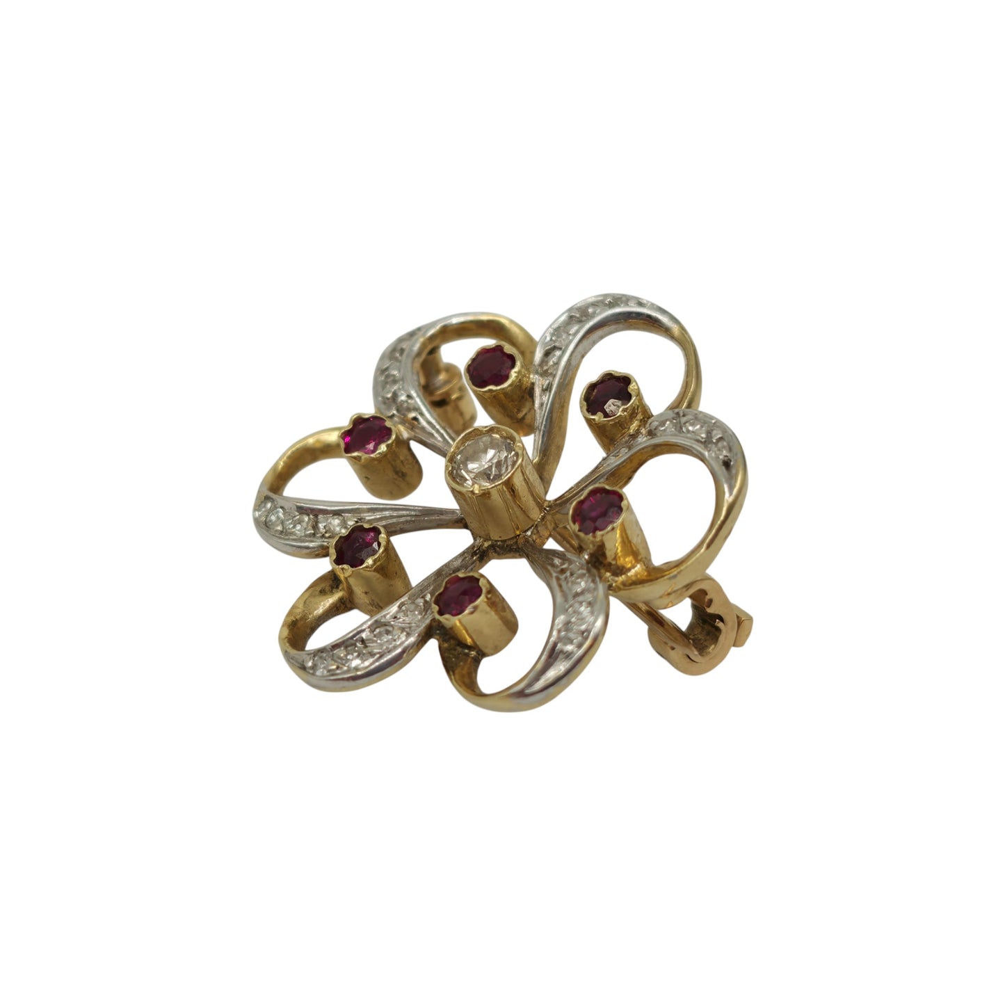 18ct 750 Yellow & White Gold Brooch with Diamonds & Ruby 1977 L 2.4 cm 5.3 g