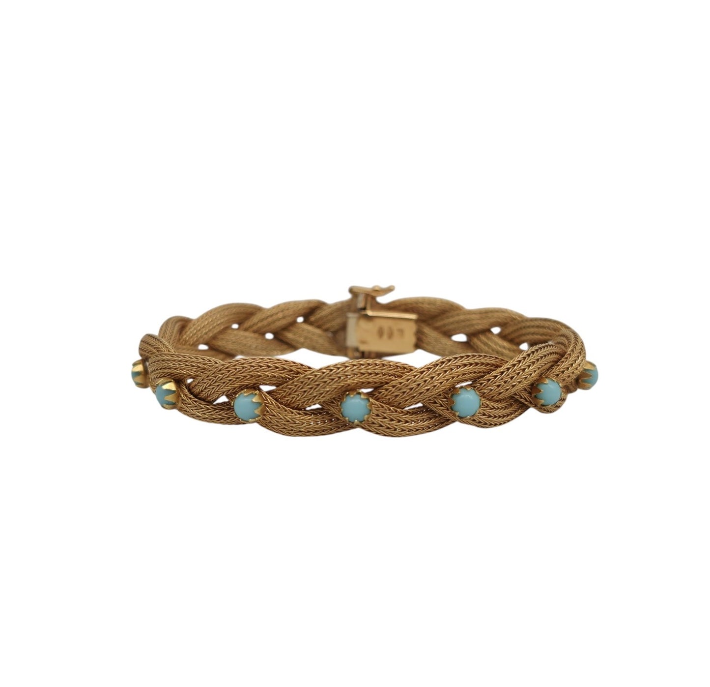 Italian 18ct 750 Yellow Gold Interlaced Weave Bracelet With Turquoise L 19.0 cm 25.4 g.
