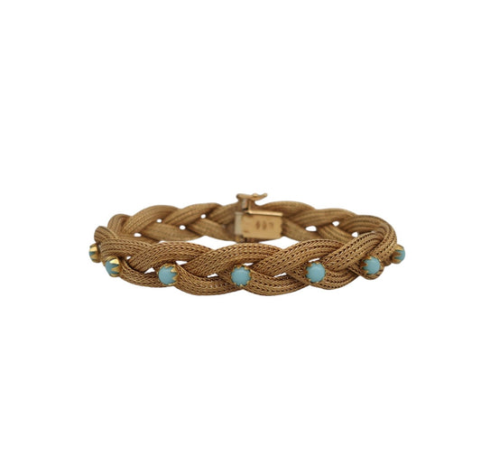 Italian 18ct 750 Yellow Gold Interlaced Weave Bracelet With Turquoise L 19.0 cm 25.4 g.