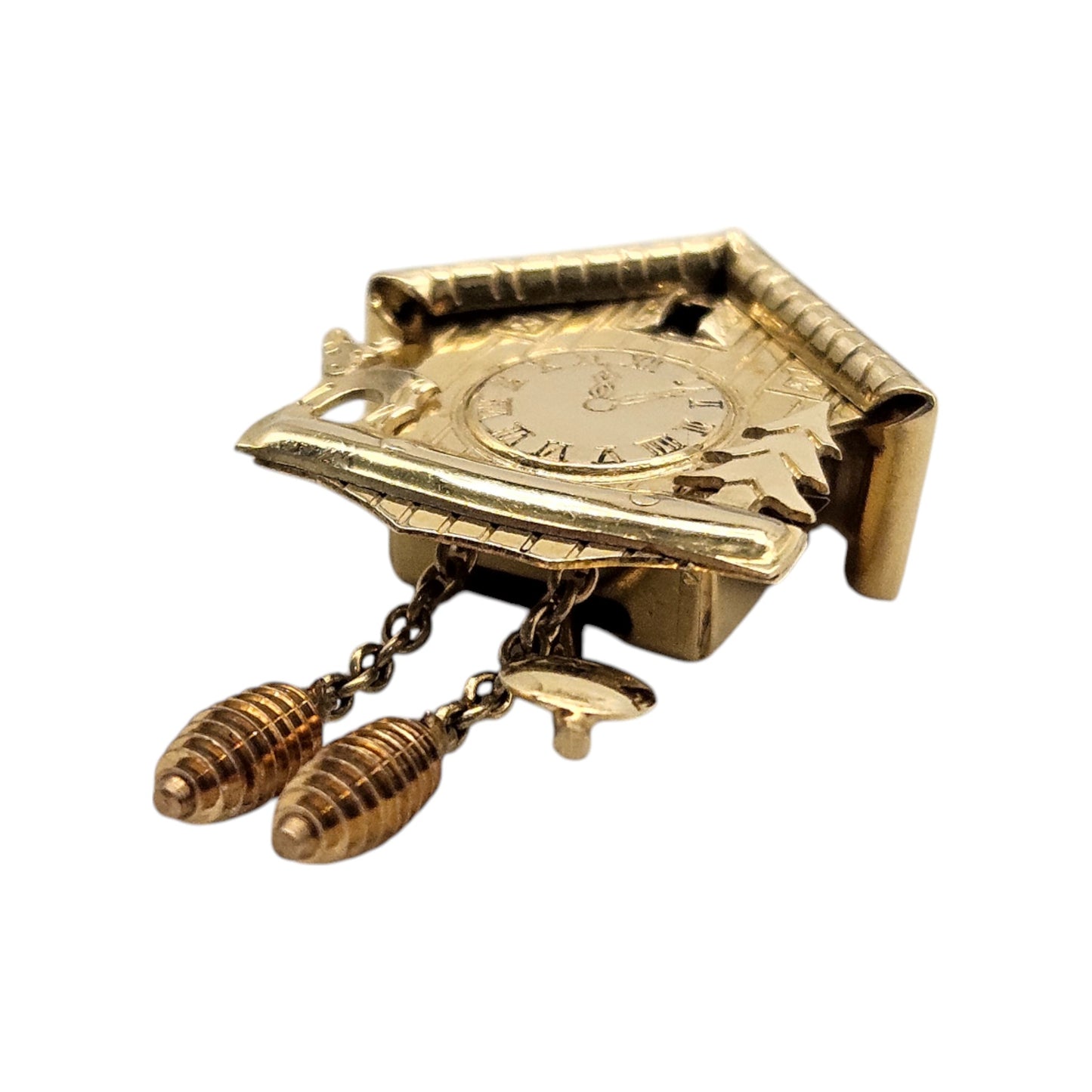 18ct Yellow Gold Articulated Cuckoo Clock Charm L 2.4 cm 3.1 g.