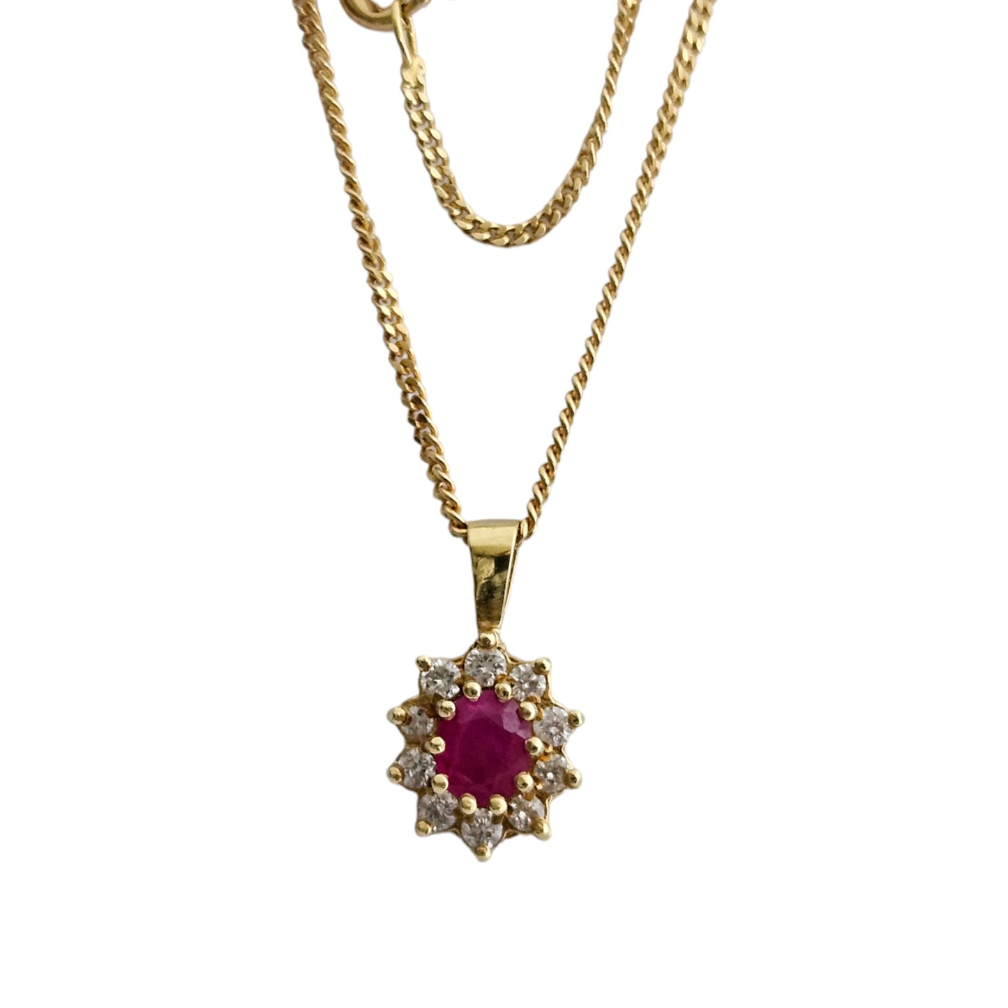 18ct 750 Yellow Gold Ruby & Diamond Cluster Pendant on 18ct Chain