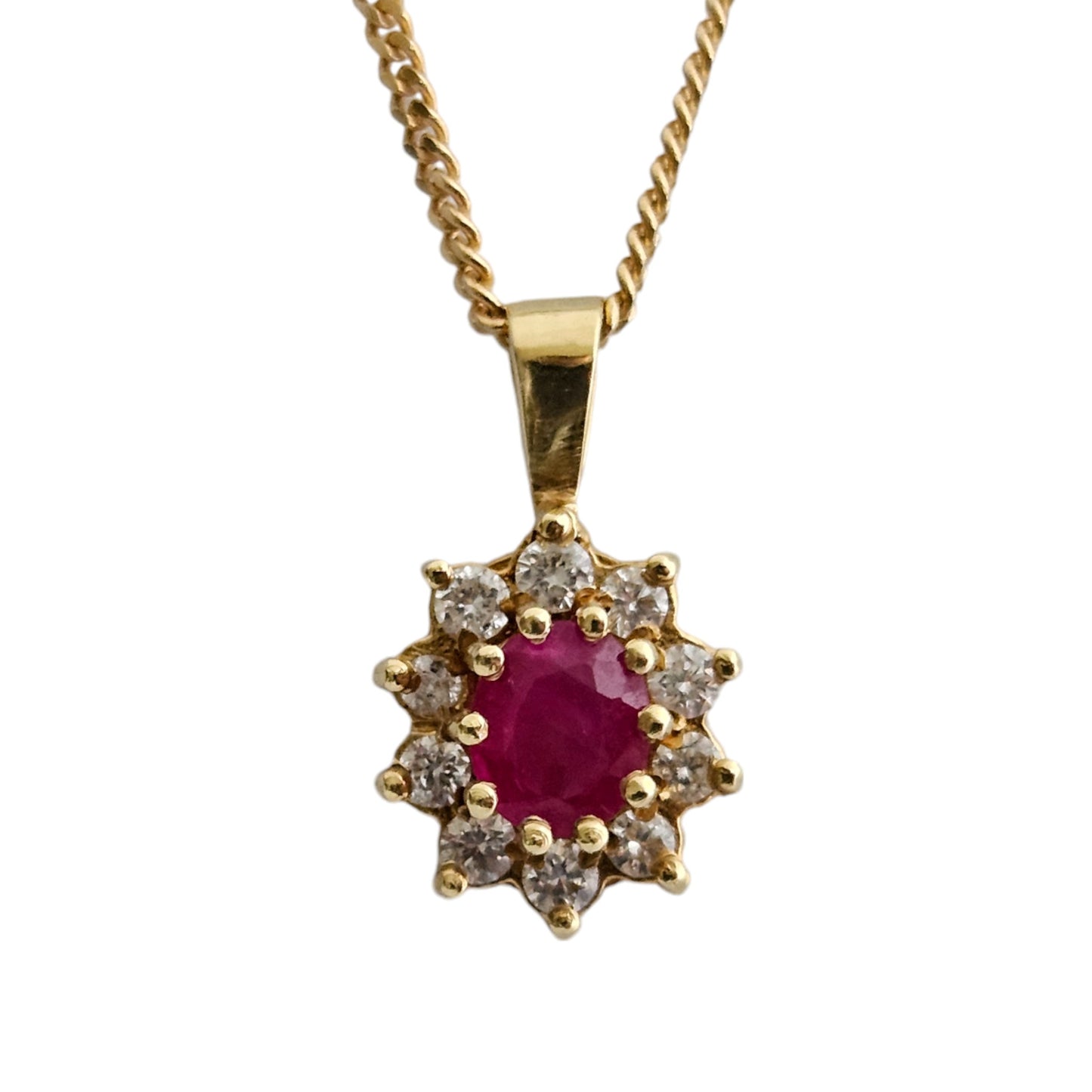 18ct 750 Yellow Gold Ruby & Diamond Cluster Pendant on 18ct Chain