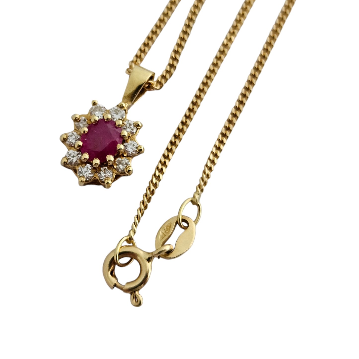 18ct 750 Yellow Gold Ruby & Diamond Cluster Pendant on 18ct Chain