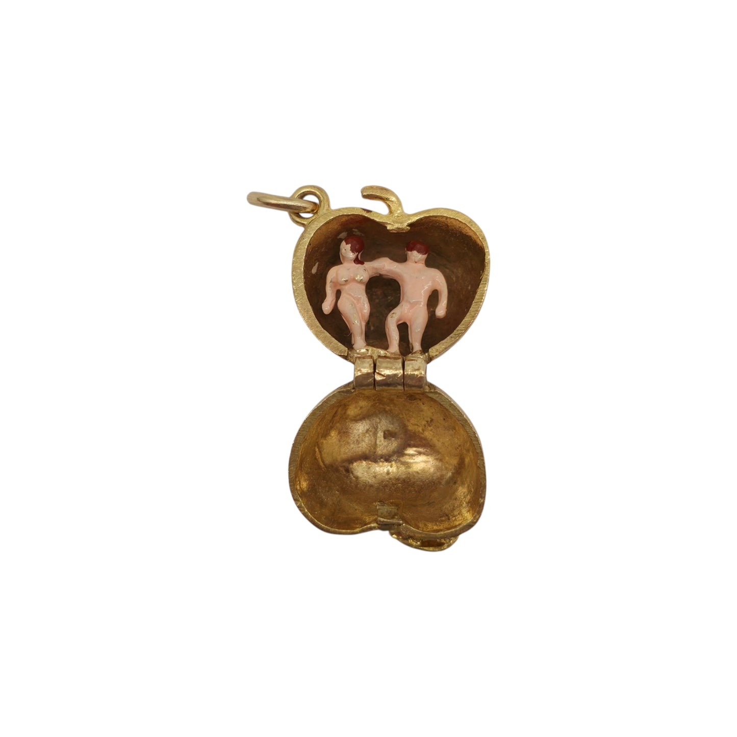9ct 375 Yellow Gold & Enamel Adam & Eve Inside Apple Opening Charm 1966 L 1.3 cm 3.2 g.