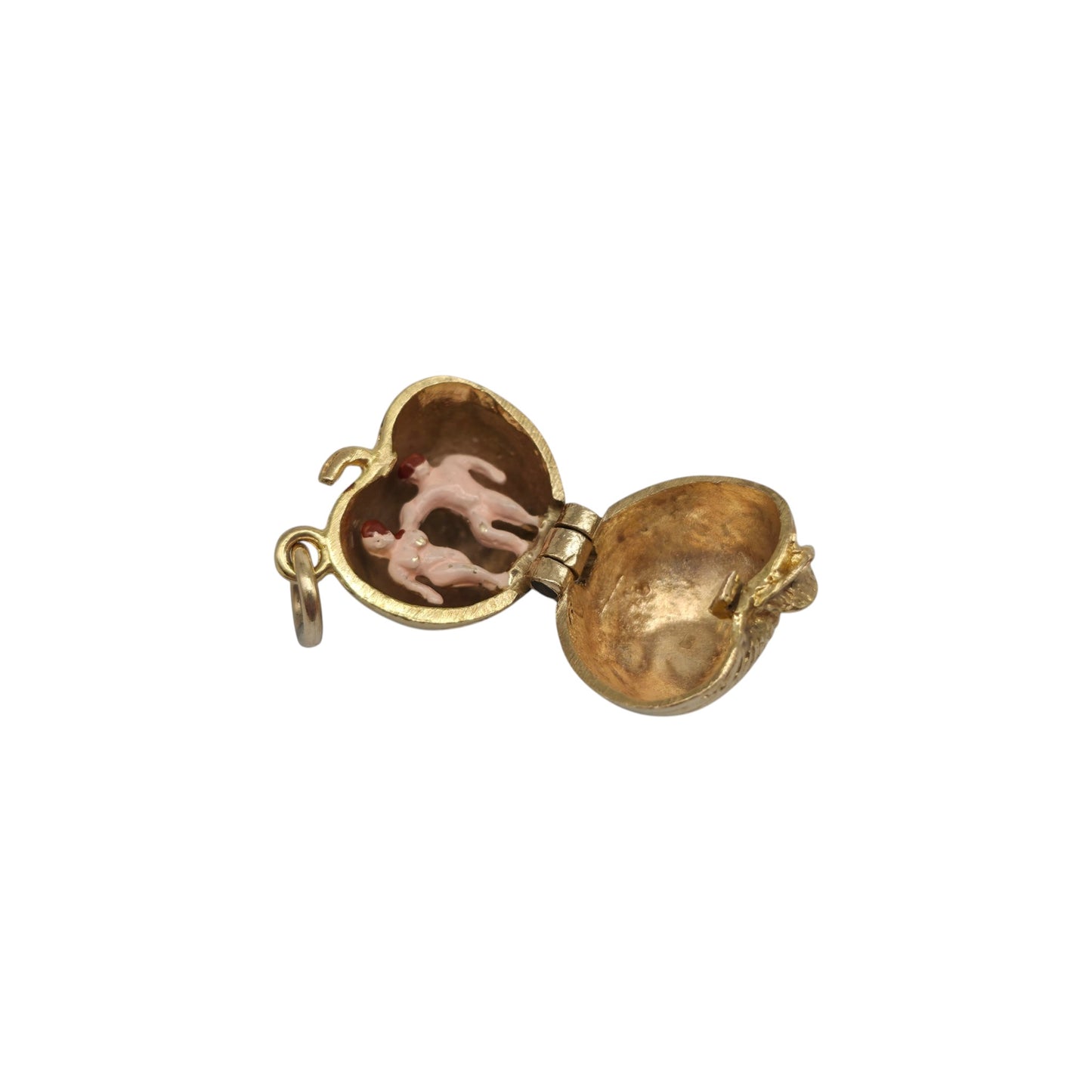 9ct 375 Yellow Gold & Enamel Adam & Eve Inside Apple Opening Charm 1966 L 1.3 cm 3.2 g.