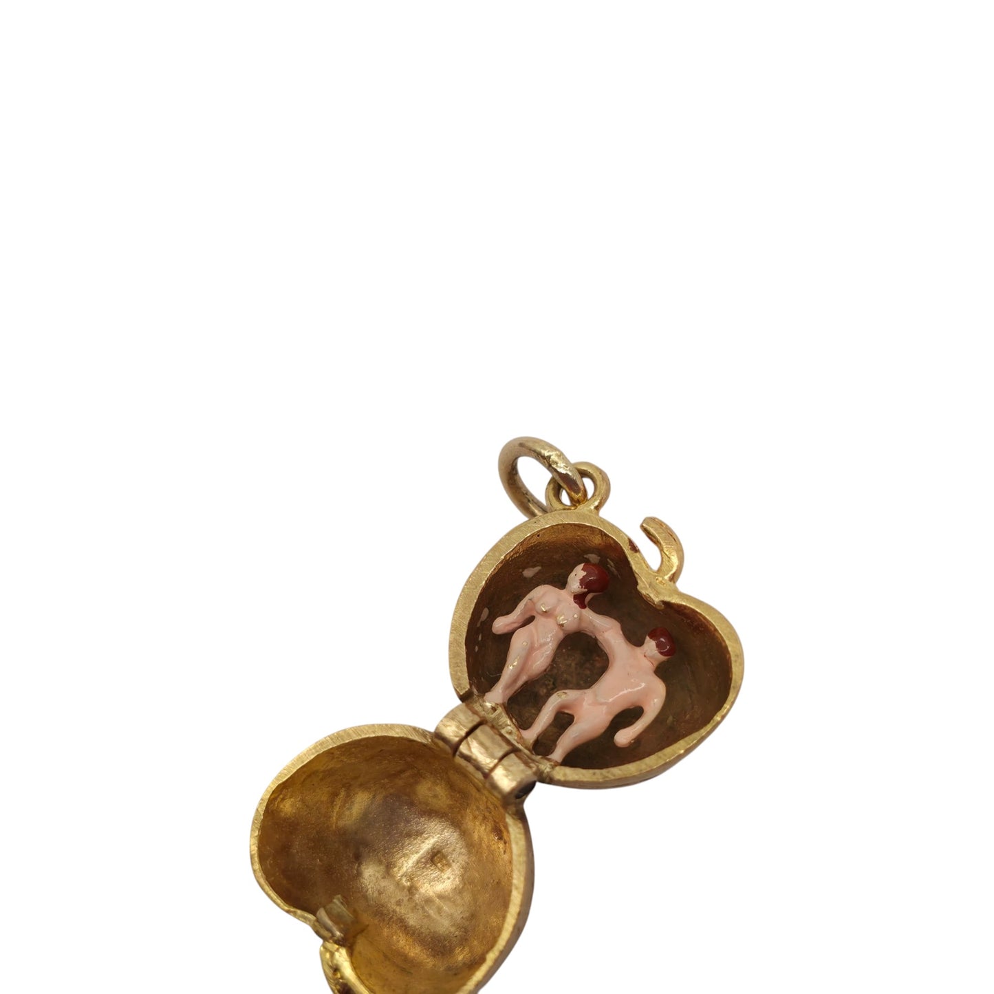 9ct 375 Yellow Gold & Enamel Adam & Eve Inside Apple Opening Charm 1966 L 1.3 cm 3.2 g.