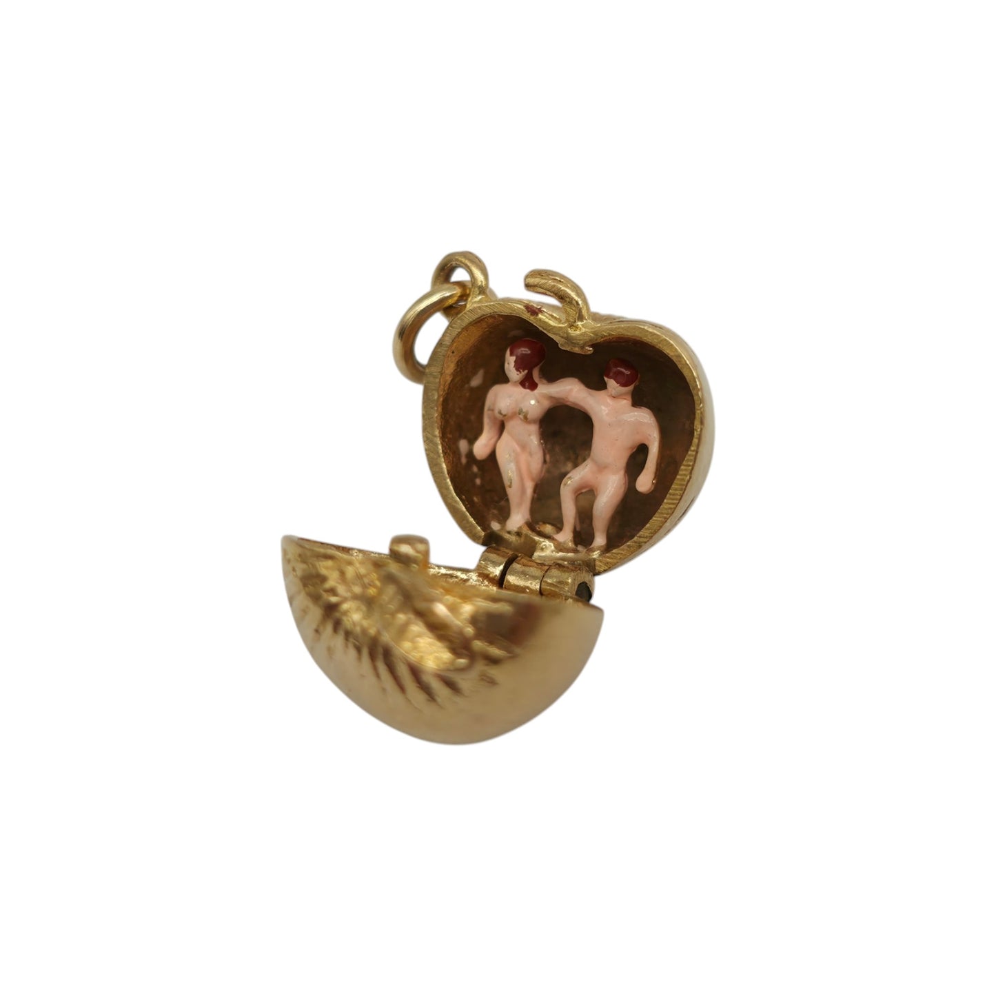9ct 375 Yellow Gold & Enamel Adam & Eve Inside Apple Opening Charm 1966 L 1.3 cm 3.2 g.