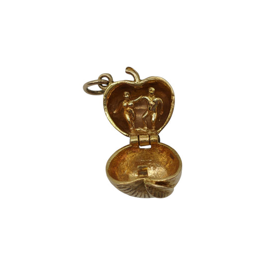 9ct 375 Yellow Gold Adam & Eve Inside Apple Opening Charm 1971 L 1.3 cm 3.5 g.